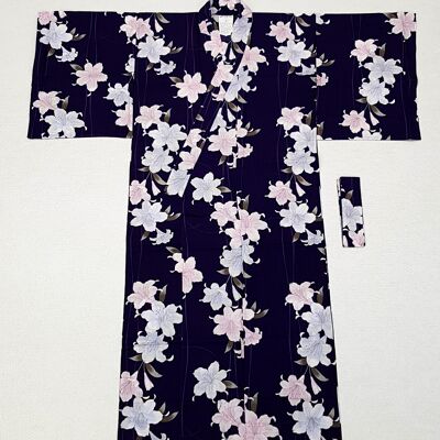 Japanischer Yukata-Kimono 100 % Baumwolle Lila & Lilienblume