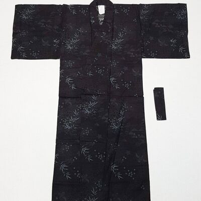 Japanese Yukata Kimono 100% cotton Black Shisa & Vegetation pattern Size 61