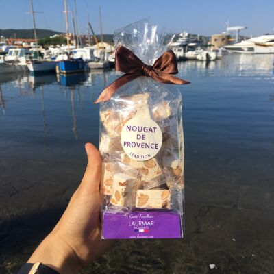 Sachet of 200 g of soft white nougat tradition of Provence pure premium in domino individually wrapped