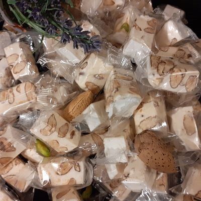 Bulk of soft white Nougat from Provence with Lavender Flowers domino individually wrapped