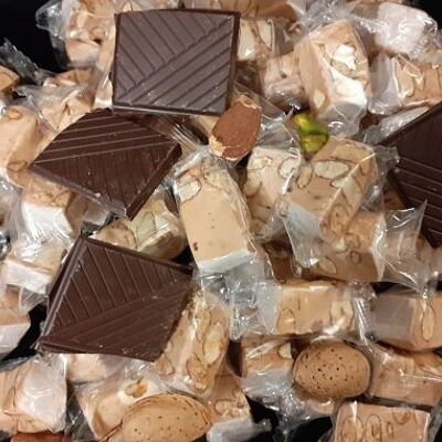 Bulk of tender white nougat from Provence with dark chocolate domino individually wrapped