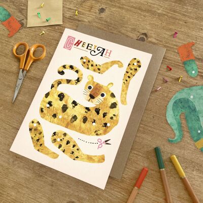 Cheetah Split Pin Puppet A5 Greeting Card