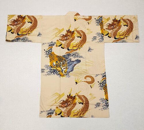 Kimono Yukata court japonais 100% coton Beige & Or motif Tigre & Dragon