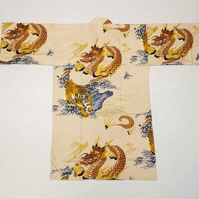 Japanese Short Yukata Kimono 100% Cotton Beige & Gold Tiger & Dragon Pattern