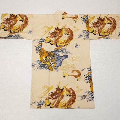 Kimono Yukata court japonais 100% coton Beige & Or motif Tigre & Dragon