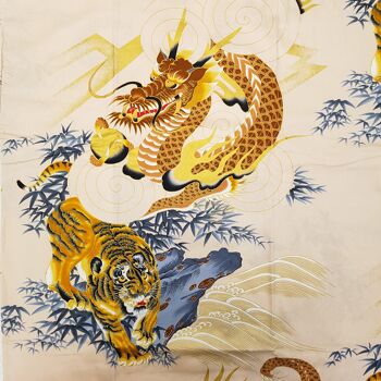 Kimono Yukata court japonais 100% coton Beige & Or motif Tigre & Dragon 2
