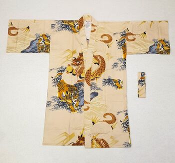 Kimono Yukata court japonais 100% coton Beige & Or motif Tigre & Dragon 3