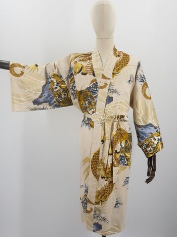 Kimono Yukata court japonais 100% coton Beige & Or motif Tigre & Dragon 4