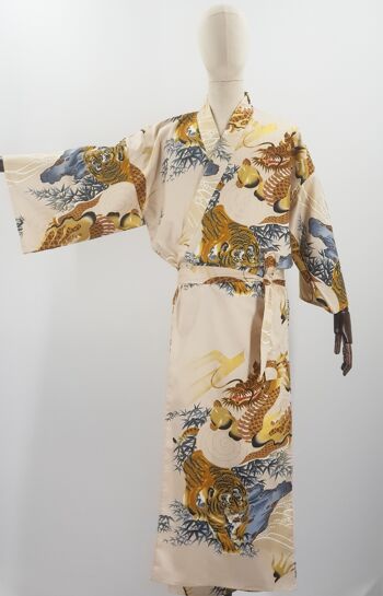 Kimono Yukata court japonais 100% coton Beige & Or motif Tigre & Dragon 5