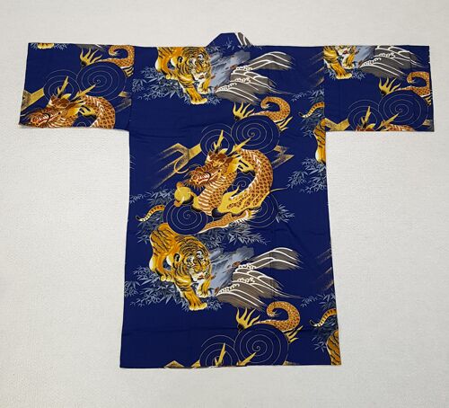 Kimono Yukata court japonais 100% coton Navy & Or motif Tigre & Dragon