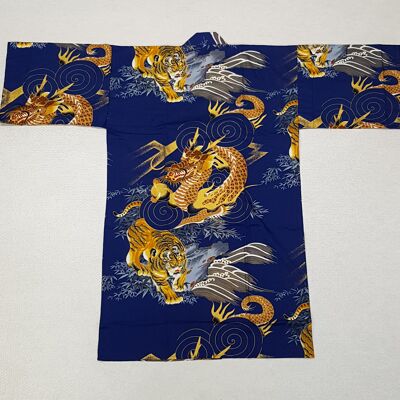 Kimono Yukata Japonés Corto 100% algodón Estampado Tigre y Dragón Azul Marino y Dorado