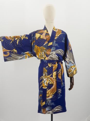 Kimono Yukata court japonais 100% coton Navy & Or motif Tigre & Dragon 4