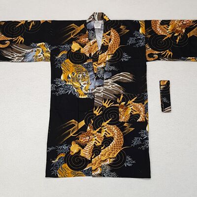 Kimono Yukata giapponese corto 100% cotone Motivo tigre e drago nero e oro