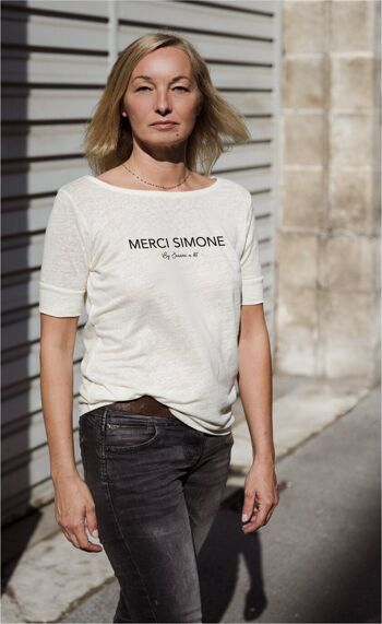 T-shirt femme en lin Ivoire Made in France "Merci Simone" 1