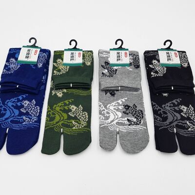 Japanische Tabi-Socken aus Baumwolle und Koi-Karpfen-Fischmuster & Wellen Hergestellt in Japan Größe Fr 40-45