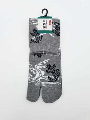 Chaussettes Japonaises Tabi en Coton et Motif Poisson Carpe Koi & Vagues Made in Japan Taille Fr 40-45 5