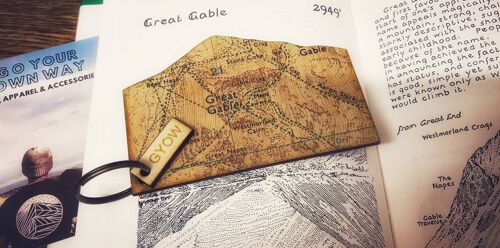 Great Gable Mountain Keyring, Lake District Gift, Wainwright Keyfob, Hiking Map Gift, Wooden Map Keychain.