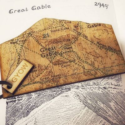 Great Gable Mountain Keyring, Lake District Gift, Wainwright Keyfob, Hiking Map Gift, Wooden Map Keychain.