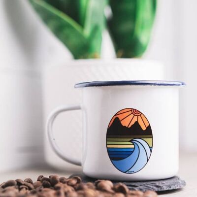 Landscapes and Sunset Enamel Mug, Mountain and Lakes Camping Mug, Hiking Adventure Gift, Campfire Enamel Mug.