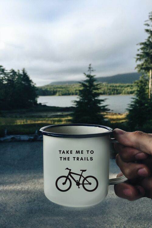 Mountain Bike Trail Mug, Enamel MTB Camping Mug, Cycling Gift, Hot Chocolate Mug, Campfire Tin Mug.