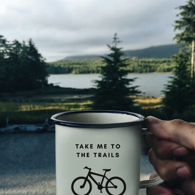Taza de sendero de bicicleta de montaña, taza de camping MTB esmaltada, regalo de ciclismo, taza de chocolate caliente, taza de hojalata de fogata.