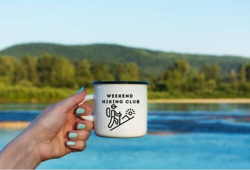 Weekend Hiking Club Enamel Mug , Walking Gift, Outdoor Rambler Mug, Lake District Gift.