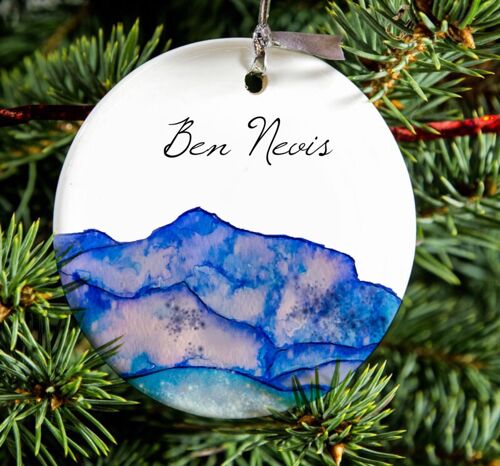 Illustrated Porcelain Ben Nevis Hanging Ornament , Scottish Highlands , Ceramic Tree Decoration. Three Peaks Gift.