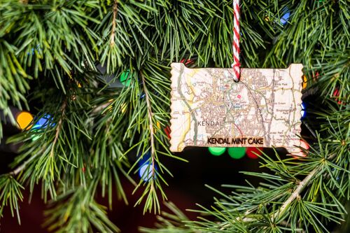 Kendal Mint Cake Map Tree Decoration, Lake District Gift, Food Lover Gift, Novelty Tree Decoration, Cumbrian Christmas Food Bauble.