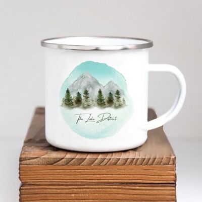 Taza de esmalte de Lake District, arte de montaña de acuarela, taza de aventura de camping, regalo de senderismo, taza de bebedor de té, regalo de amante del café, taza de picnic al aire libre