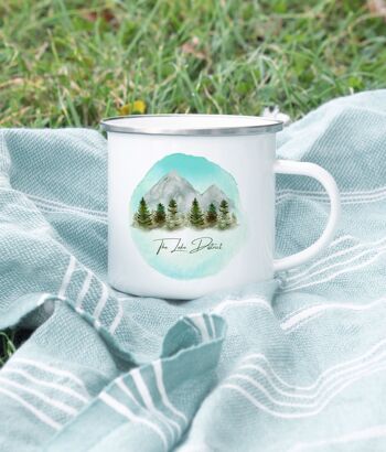 Lake District Enamel Mug, Aquarelle Mountain Art, Camping Adventure Mug, Randonnée Cadeau, Tasse de buveur de thé, Cadeau d'amant de café, Tasse de pique-nique en plein air 2