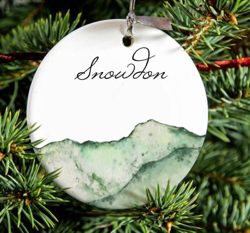 Illustrated Porcelain Snowdon Hanging Ornament , Snowdonia Wales , Ceramic   Tree Decoration. Three Peaks Gift.