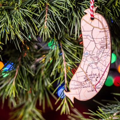 Decoración del árbol del mapa de salchichas de Cumberland, regalo del distrito de los lagos, regalo para los amantes de la comida, decoración del árbol novedoso, adorno de comida de Navidad de Cumbria.
