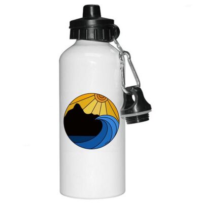 Botella de agua de aluminio con arte gráfico de puesta de sol y olas. Regalo del distrito de los lagos, vibraciones de playa, botella de bebidas para deportes acuáticos.