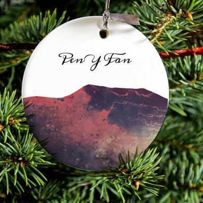 Illustrated Porcelain Pen Y Fan Hanging Ornament , Brecon Beacons Mountain Gift, Ceramic Tree Decoration.