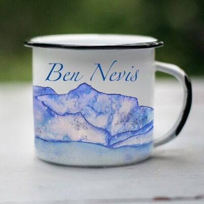 Taza de esmalte de acuarela Ben Nevis, taza de escena de montaña, taza de camping al aire libre, taza de café de fogata, regalo de senderismo de tres picos.