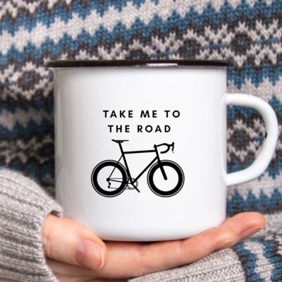 Taza de ciclismo esmaltada Take Me To The Road, regalo de ciclismo, taza de fogata, taza de montaña, taza de café esmaltada, taza de hojalata.