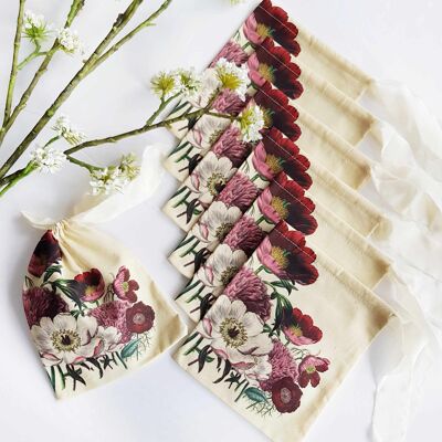 Pochettes cadeaux en coton bio imprimé pivoine avec ruban de soie