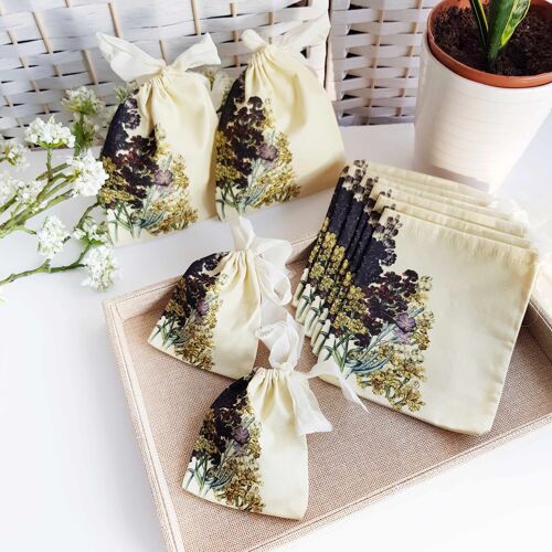 Organic Cotton Wallflower Printed Pouches with Silk Ribbon
