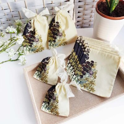 Pochettes imprimées giroflées en coton bio avec ruban de soie