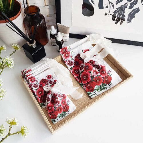 Eco-friendly Cotton Dianthus Printed Pouches with Silk Ribbon
