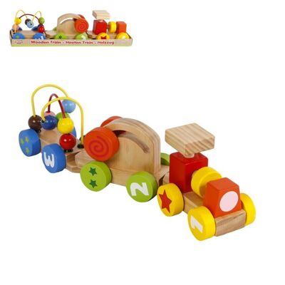 Tren educativo con coloridos coches de actividad, juguetes de madera