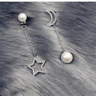 Boucles d'Oreilles Asymétriques Lune et Étoile avec Perle