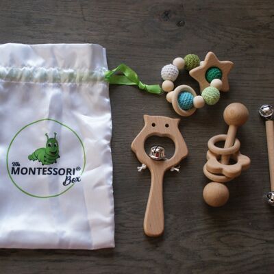 Set mit 4 Montessori-Rasseln für Babys
