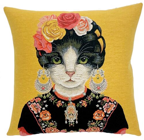 Kahlo Gift - Cat Decor -  Yellow Pillow -  Cat Art