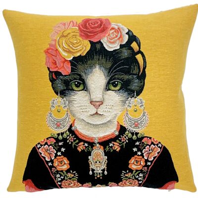 Cadeau Kahlo - Décor de chat - Oreiller jaune - Art de chat