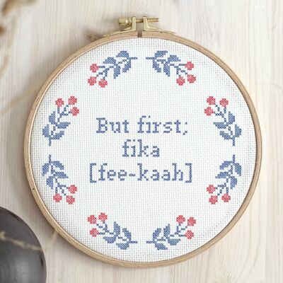Cross stitch kit with aida – But first fika