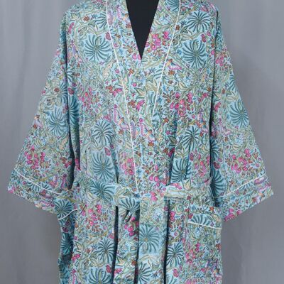 Bata tipo kimono en algodón con estampado de palmeras y flores