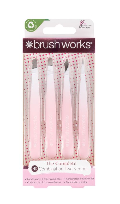 Brushworks HD 4 Piece Combination Tweezer Set - White & Pink