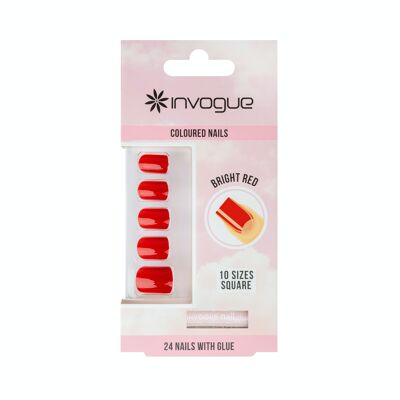 Invogue Bright Red Square Nails (24 Pieces)