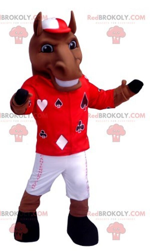 Brown bear REDBROKOLY mascot with a red apron / REDBROKO_01234